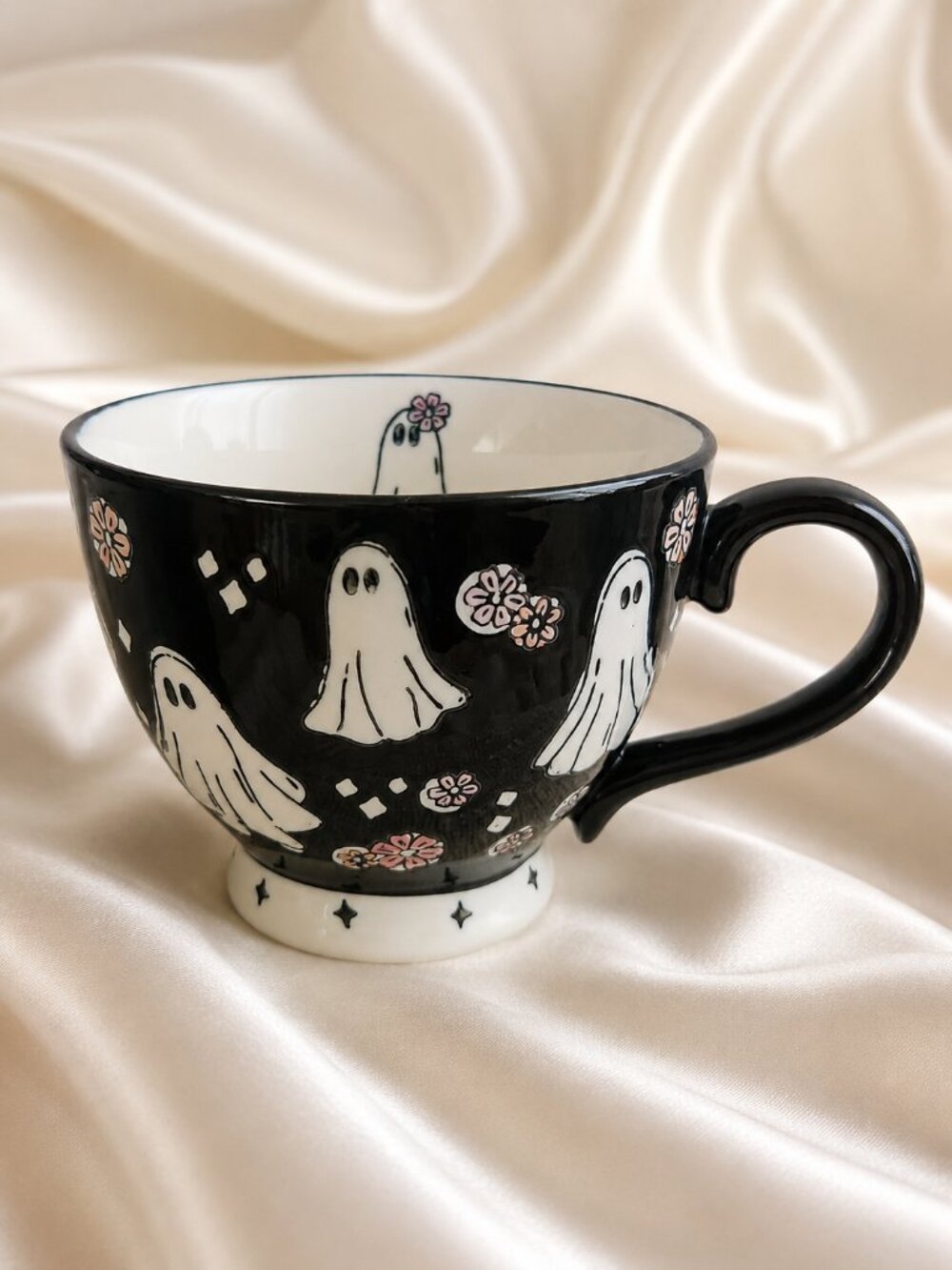 Potter's Studio Spooky Ghosts Pink Flowers Black White Ceramic Coffee Cup Mug
